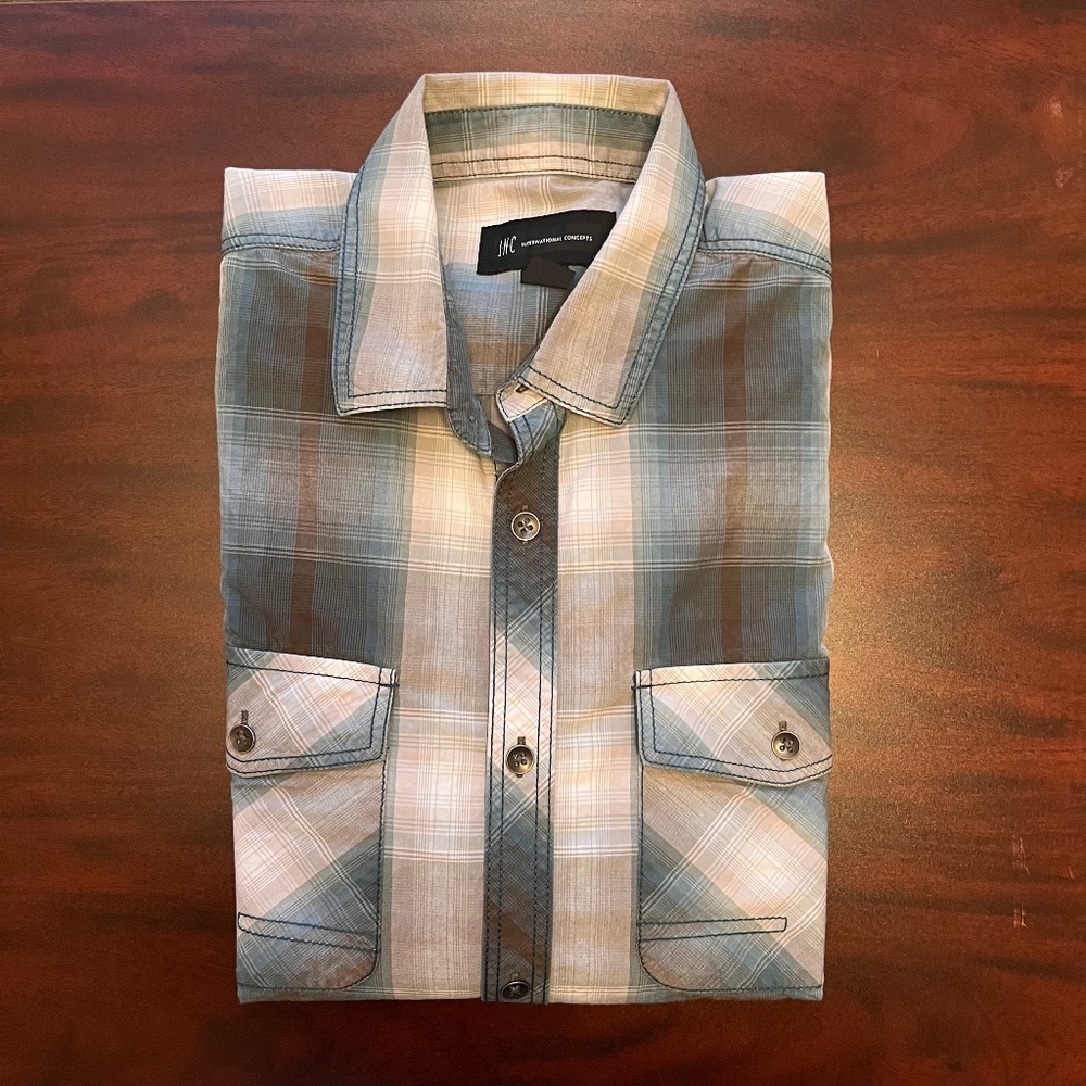 INC International Concepts Men's Long Sleeve Button Down - Green and Grey Plaid